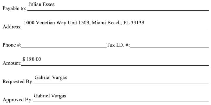Paper Check Request Form for $180.00: Requested By and Approved By Gabriel Vargas.