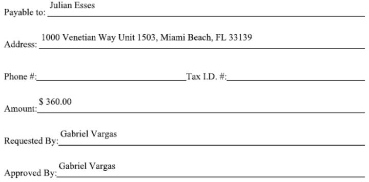 Paper Check Request Form for $360.00: Requested By and Approved By Gabriel Vargas.