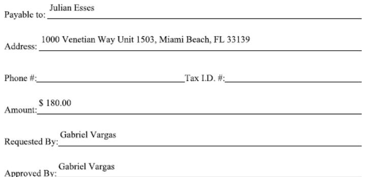 Paper Check Request Form for $180.00: Requested By and Approved By Gabriel Vargas.