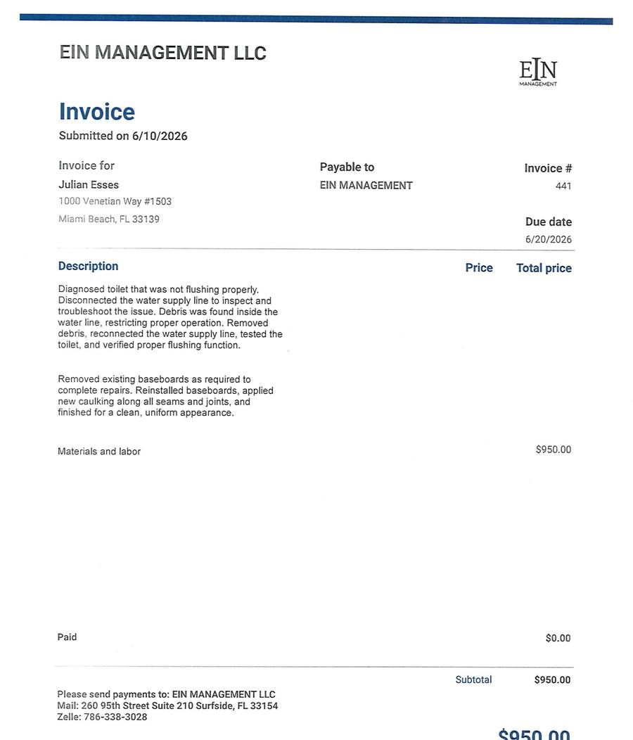 EIN Management LLC invoice 441, 6/10/2026, for Julian Esses, 1000 Venetian Way #1503. $950.00. Paid $0.00.