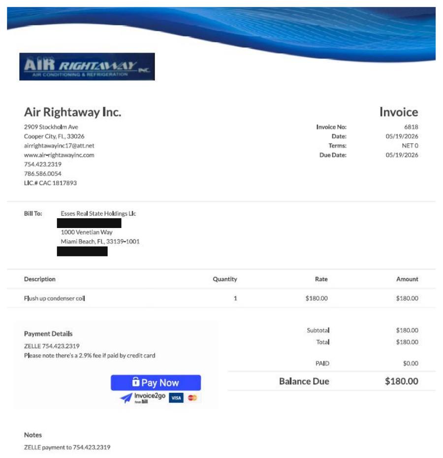 Air Rightaway invoice 6818, 05/19/2026, Esses Real State Holdings Llc, flush up condenser coil, $180.00, paid $0.00.