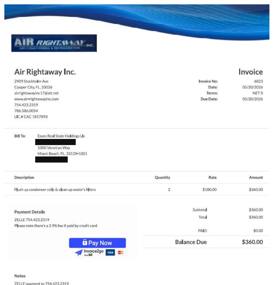 Air Rightaway invoice 6823, 05/20/2026, Esses Real State Holdings Llc, flush up condenser coils and clean up water's filters, 2 x $180.00, $360.00, paid $0.00.