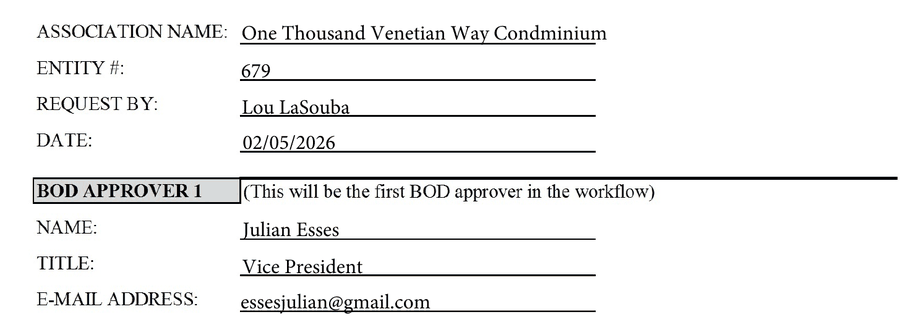 Nexus set-up request dated 02/05/2026: BOD Approver 1, Julian Esses, Vice President, essesjulian@gmail.com.