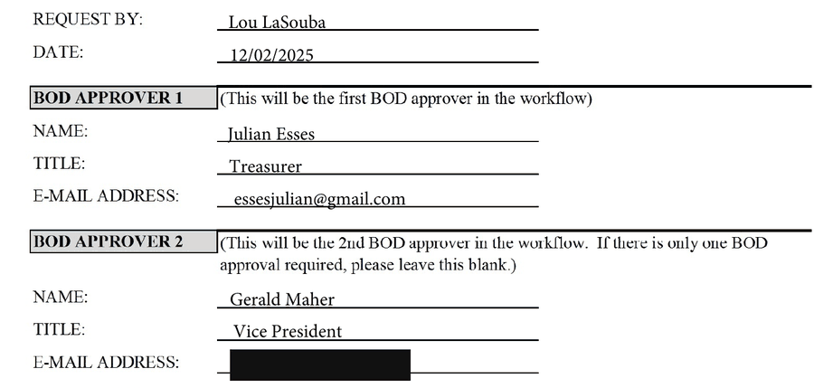 Nexus set-up request dated 12/02/2025: BOD Approver 1 Julian Esses, Treasurer, essesjulian@gmail.com; BOD Approver 2 Gerald Maher, Vice President.